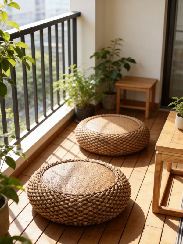 Handwoven rattan floor pouf with solid wood frame, natural style for balcony use