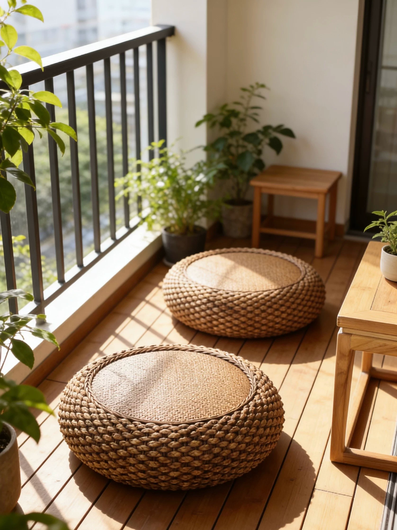 Handwoven rattan floor pouf with solid wood frame, natural style for balcony use