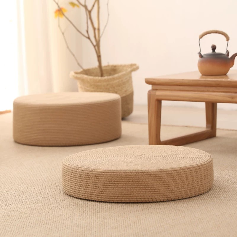 Zen style neutral tone cotton rope cushion, handwoven floor seat for quiet home spaces