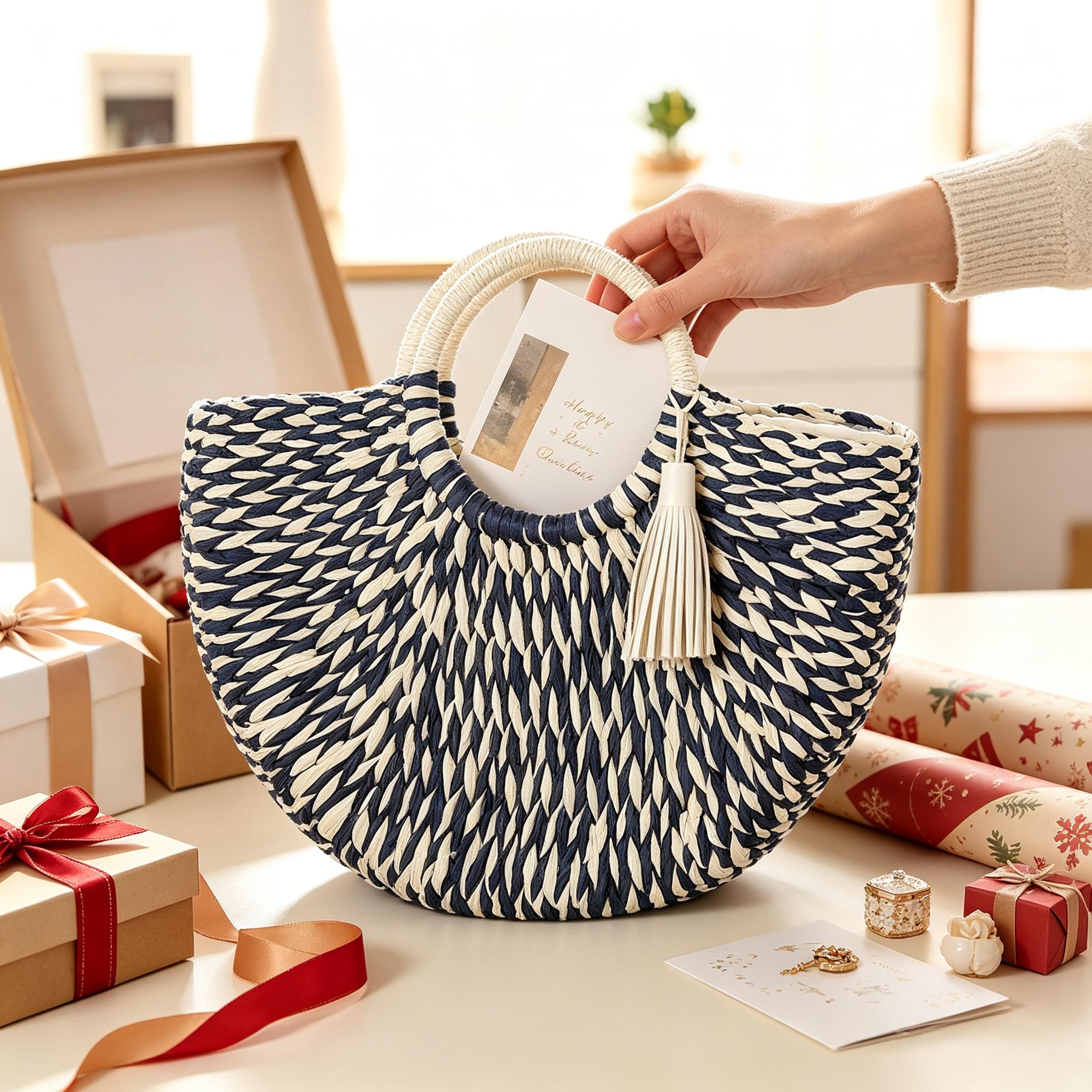 Navy white striped straw tote bag arranged with gift boxes, ideal for holiday present packaging