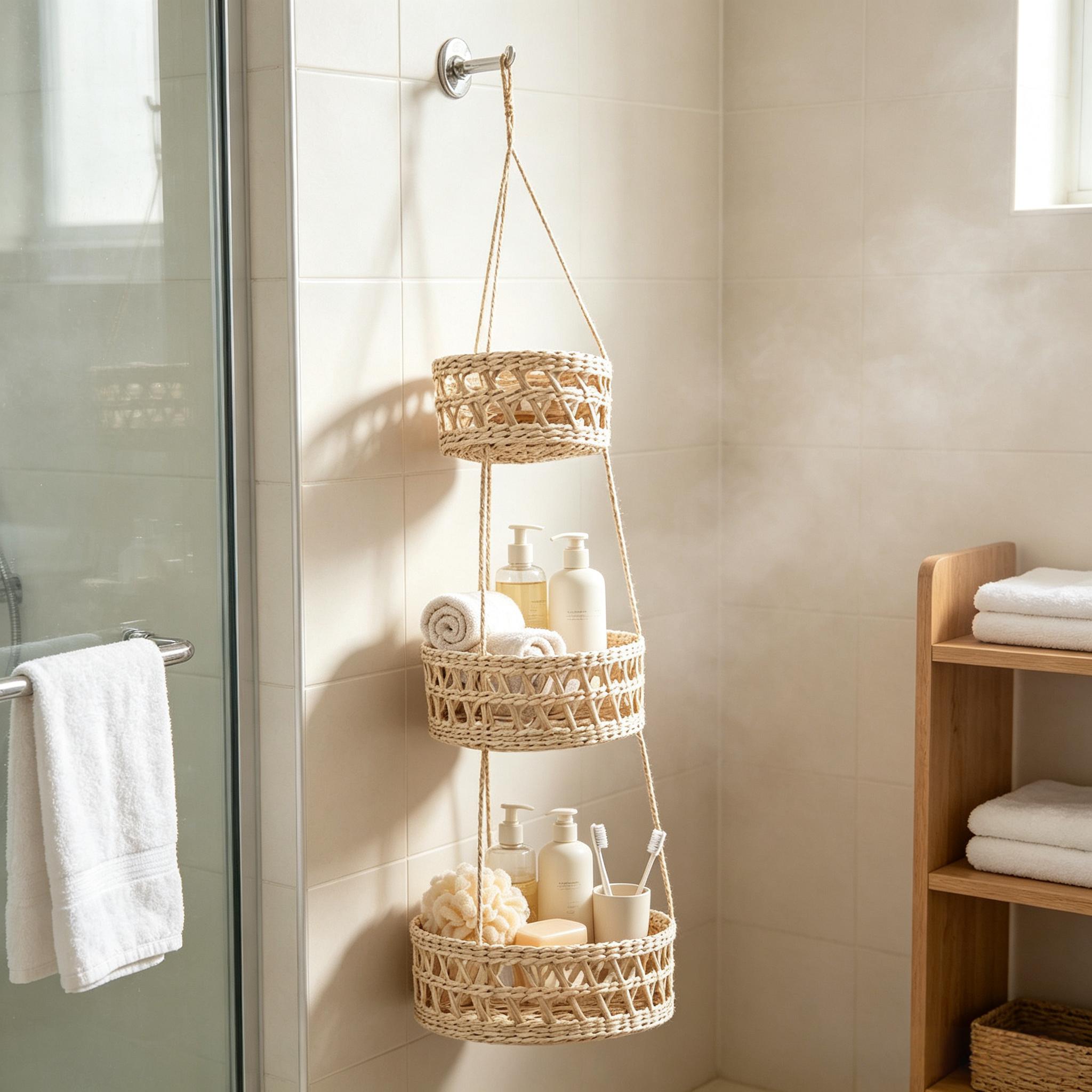 Three-tier hanging woven basket in bathroom shower area holding shampoo, soap, towels and bath accessories