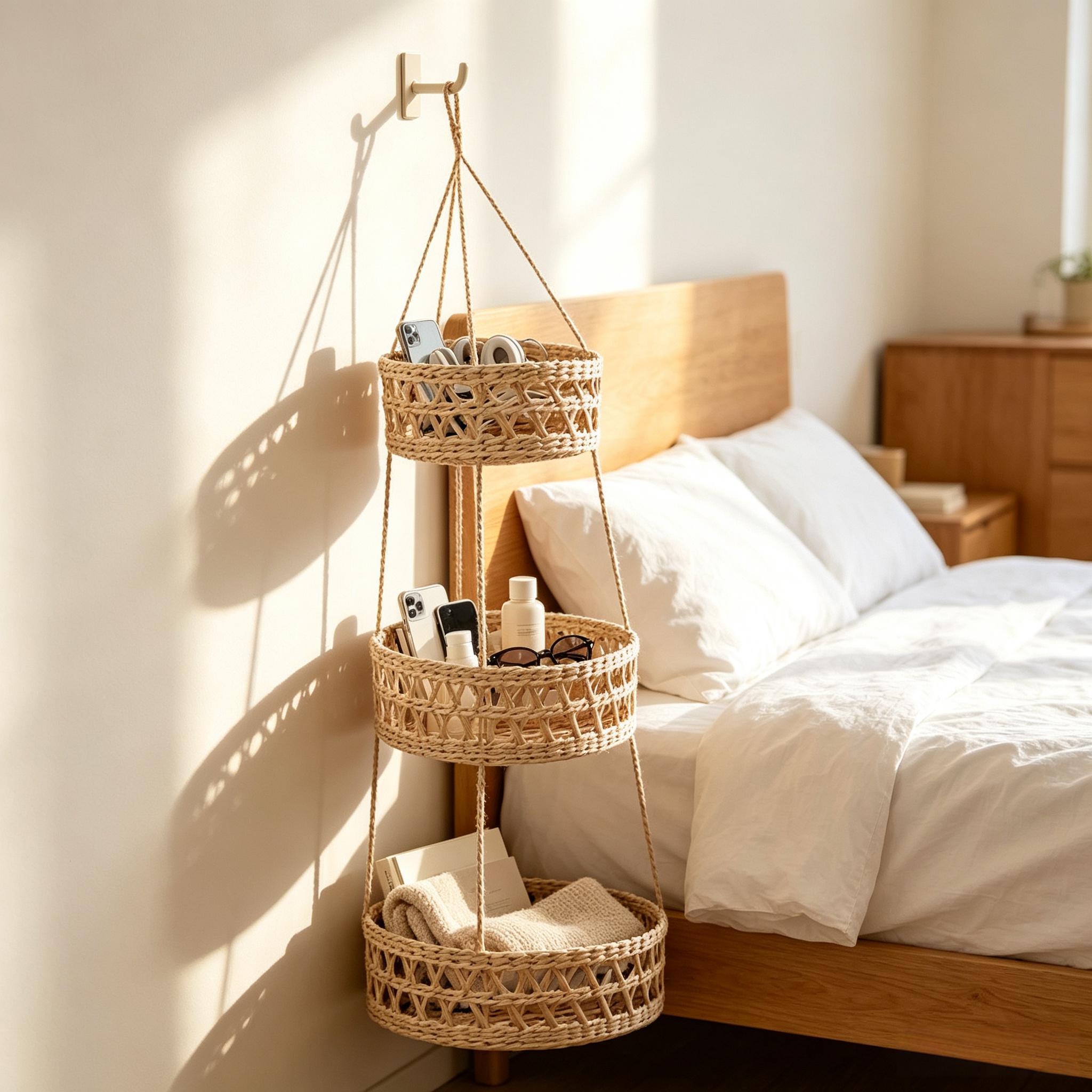 Three-tier hanging woven basket hung beside bed storing books, glasses, phone and skincare products