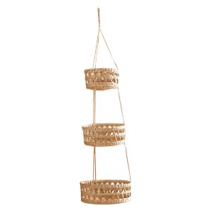 Three-tier hanging woven storage basket with rope hanger and open weave structure on white background