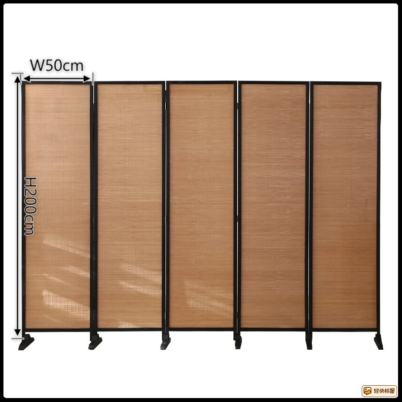 Folding bamboo room divider separating a seating area from a dining space