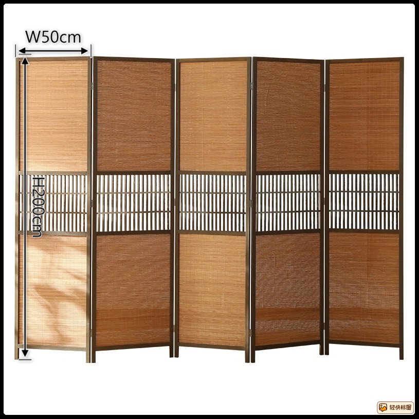 Bamboo folding screen with pine frame standing open in a living room