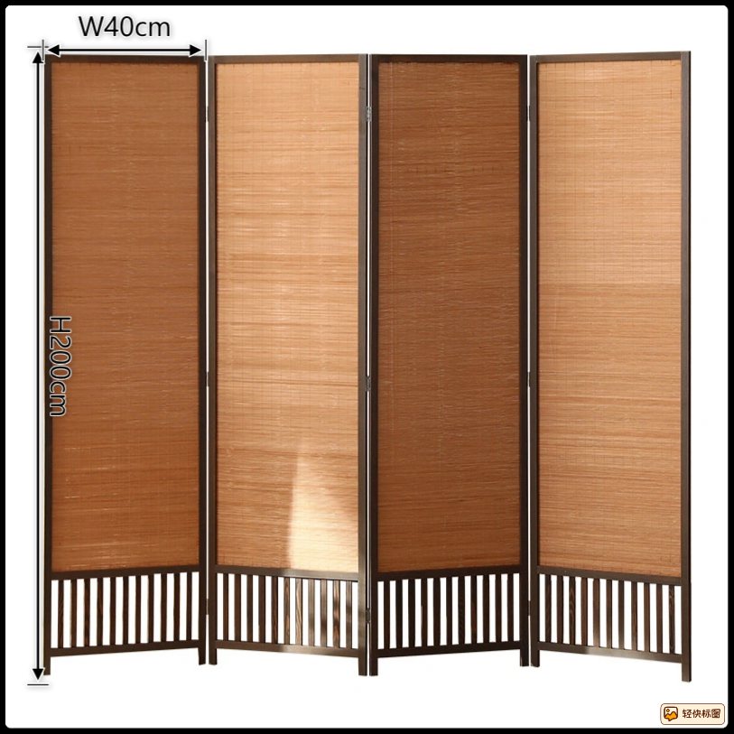 Folding bamboo room divider used as a freestanding partition in a bedroom