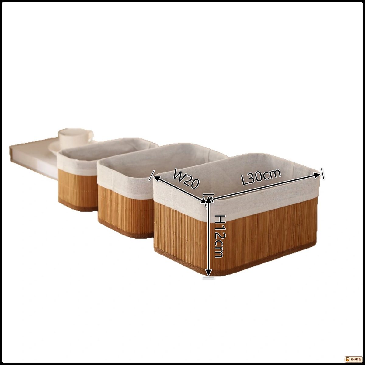 Bamboo nesting storage boxes organizing items on an open shelf