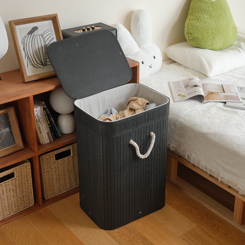Bamboo laundry hamper shown in natural, carbonized and white painted finishes