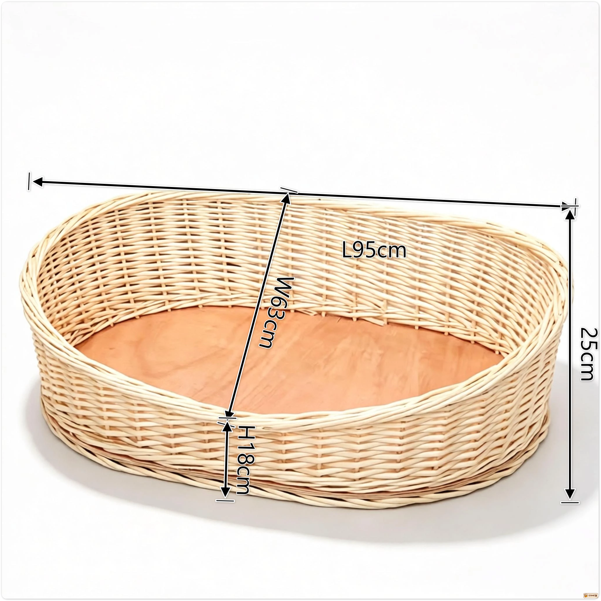 Willow woven pet bed in a living room setting with a cat resting inside