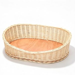 Oval willow woven pet bed with soft cotton cushion, handwoven natural willow