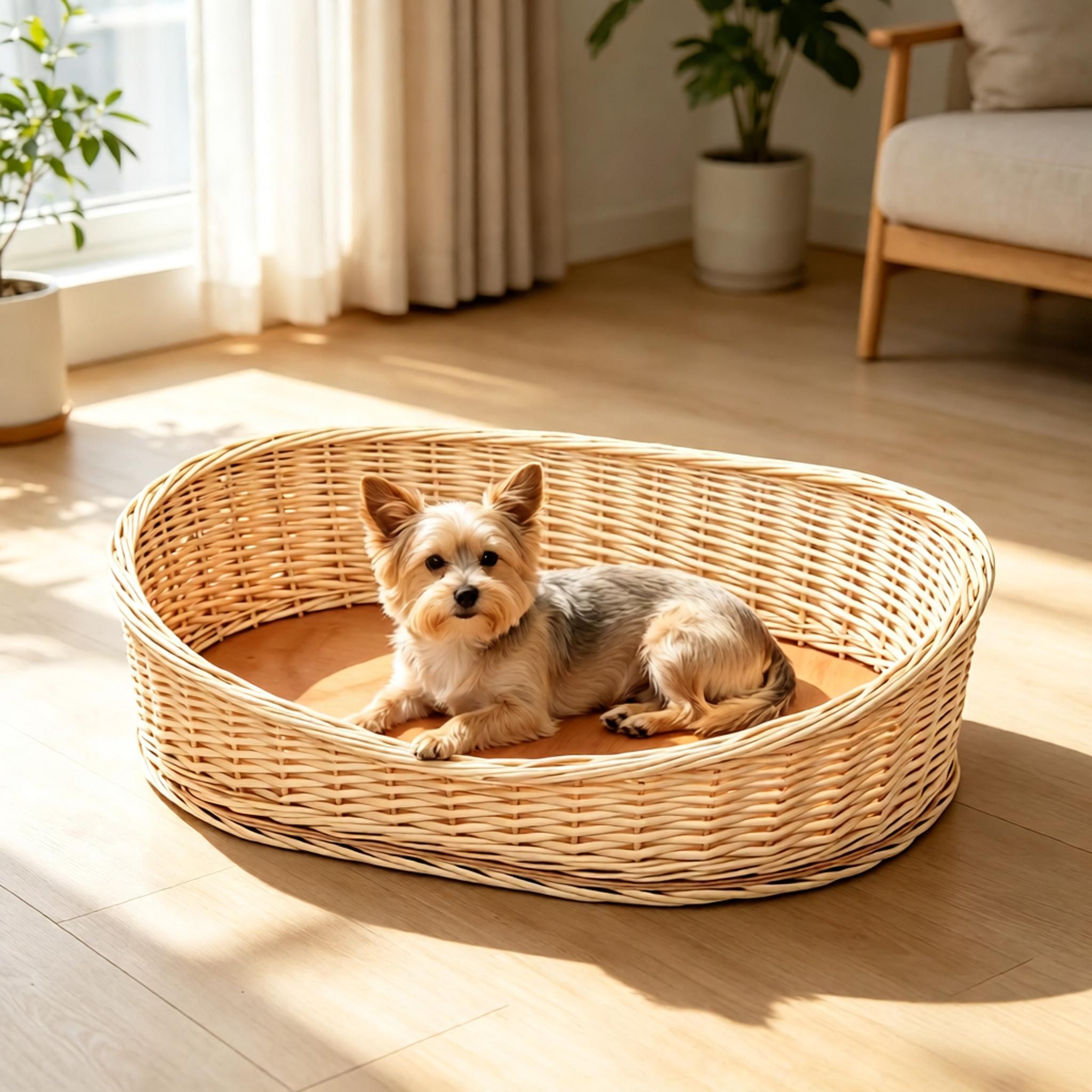 Side view of the handwoven willow pet bed showing the woven willow rim