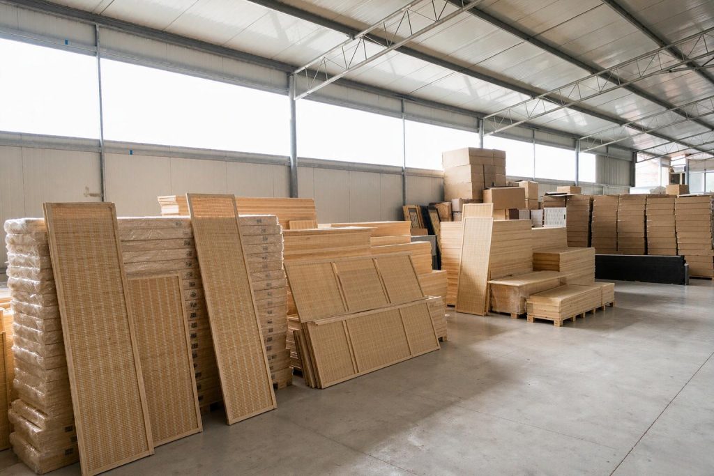Stacks of flat-packed woven rattan panels and export cartons staged for bulk orders in a factory warehouse