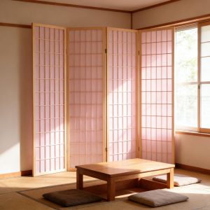 Pink paper shoji screen standing in a sunlit tatami room with a low wooden table, floor cushions and a bright window