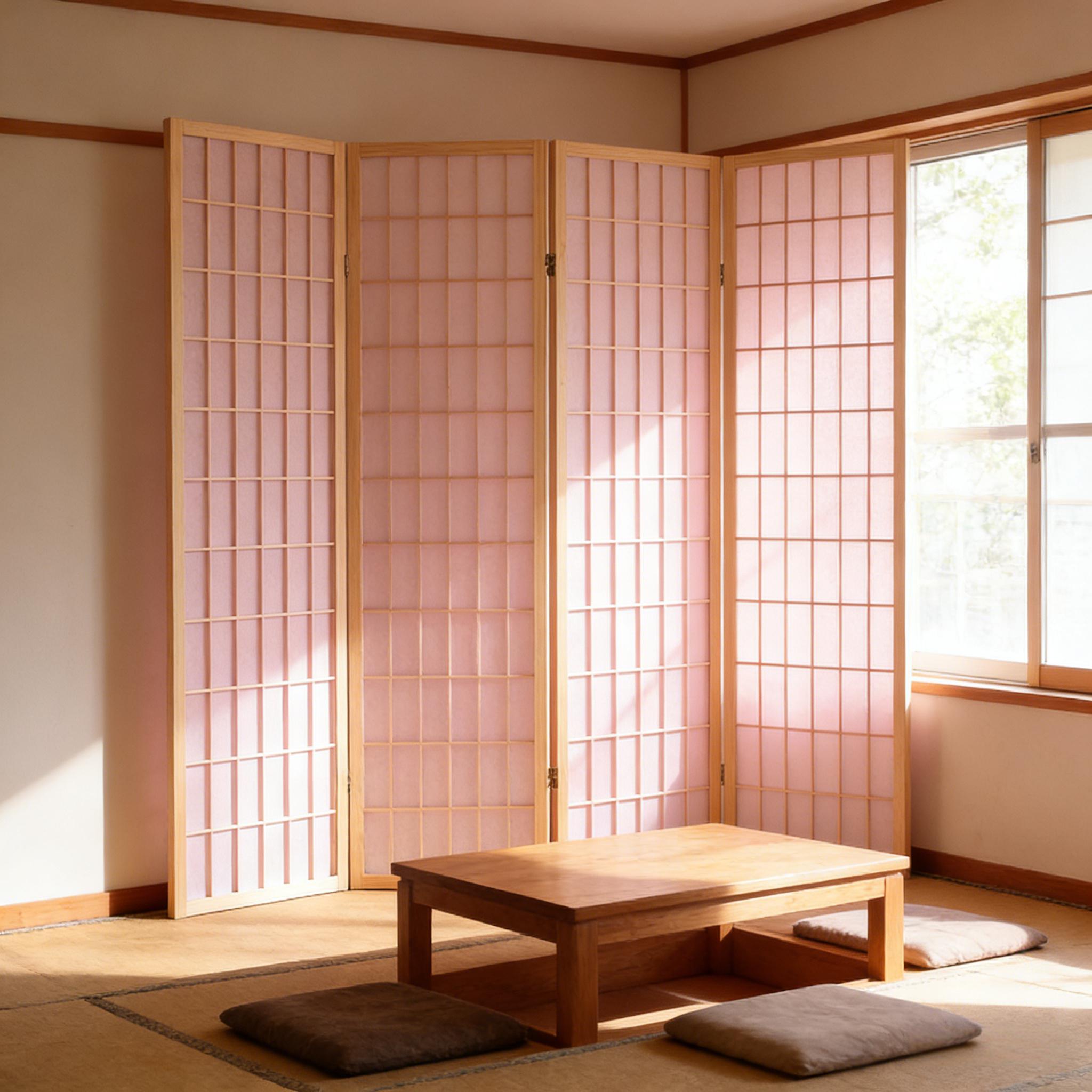 Pink paper shoji screen standing in a sunlit tatami room with a low wooden table, floor cushions and a bright window