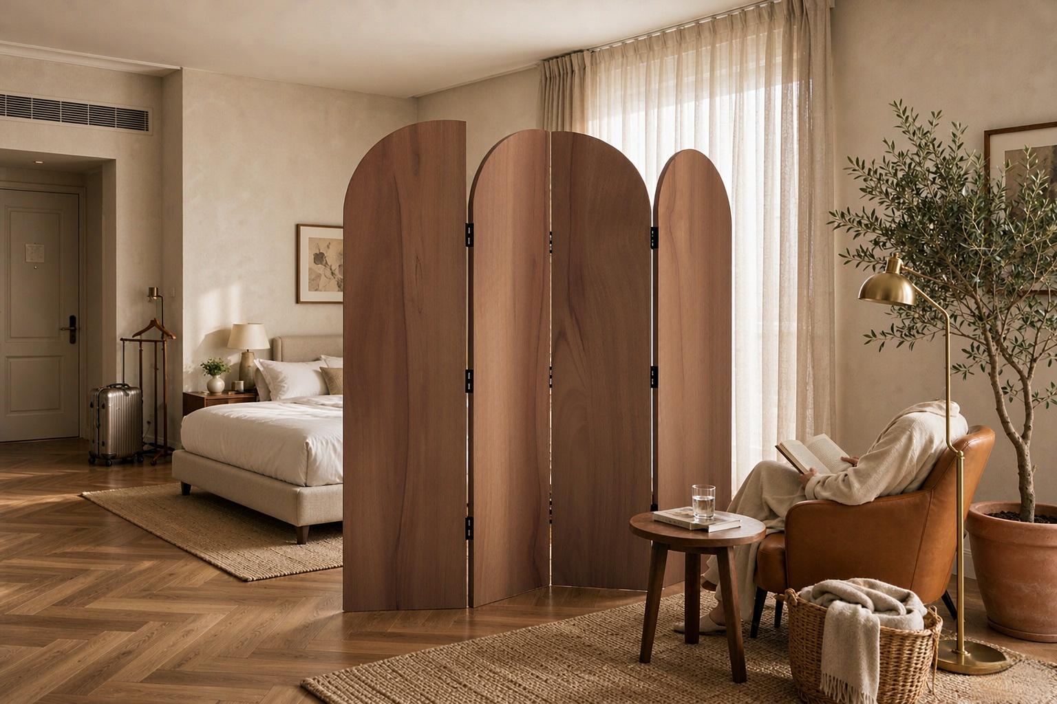 Tall walnut arched room divider panels dividing a suite bedroom from a reading corner with leather armchair