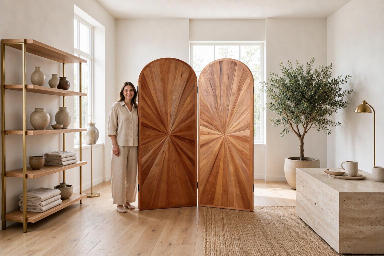 Two marquetry screen arches photographed full height beside shelving in a bright showroom