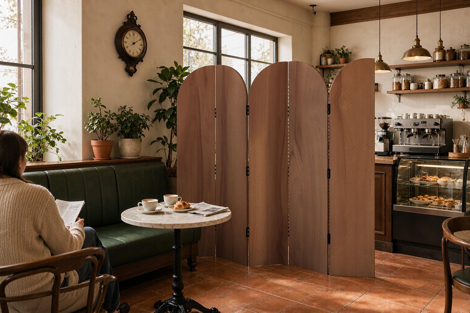 Five arched folding screen panels in striped grain curving around a cafe service counter and pastry case