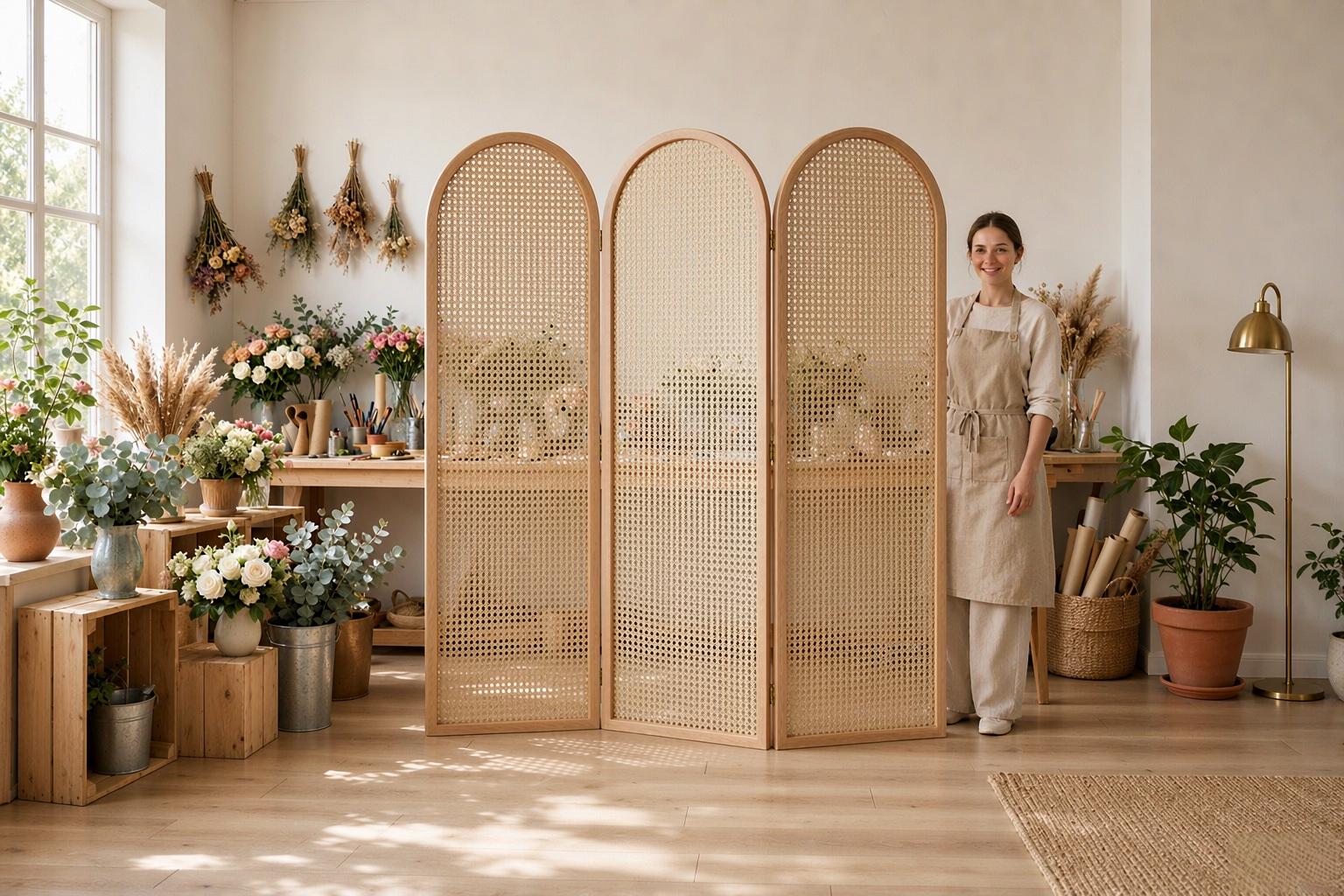 Open cane weave room divider dividing a working florist studio among buckets of fresh flowers