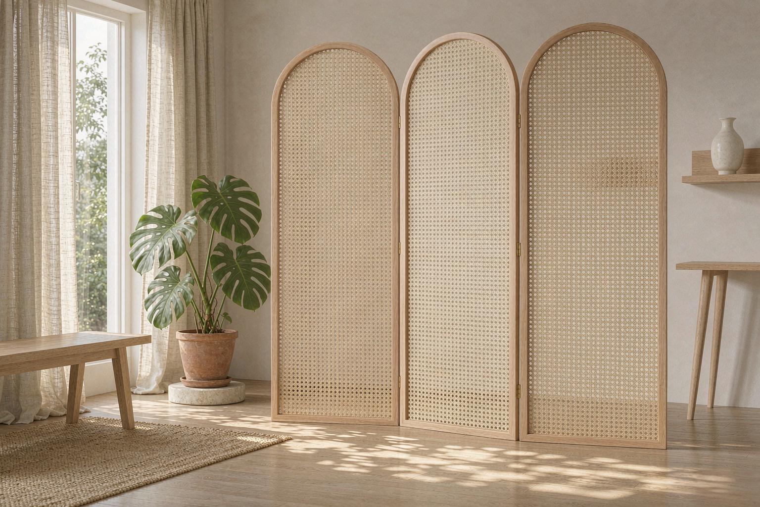 Natural wood arched screen casting patterned light across a calm sunlit living room floor