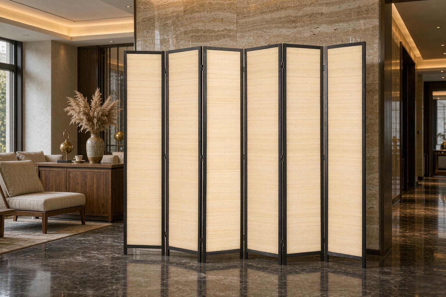Tall black framed bamboo screen panels standing on polished marble in a hotel lobby lounge