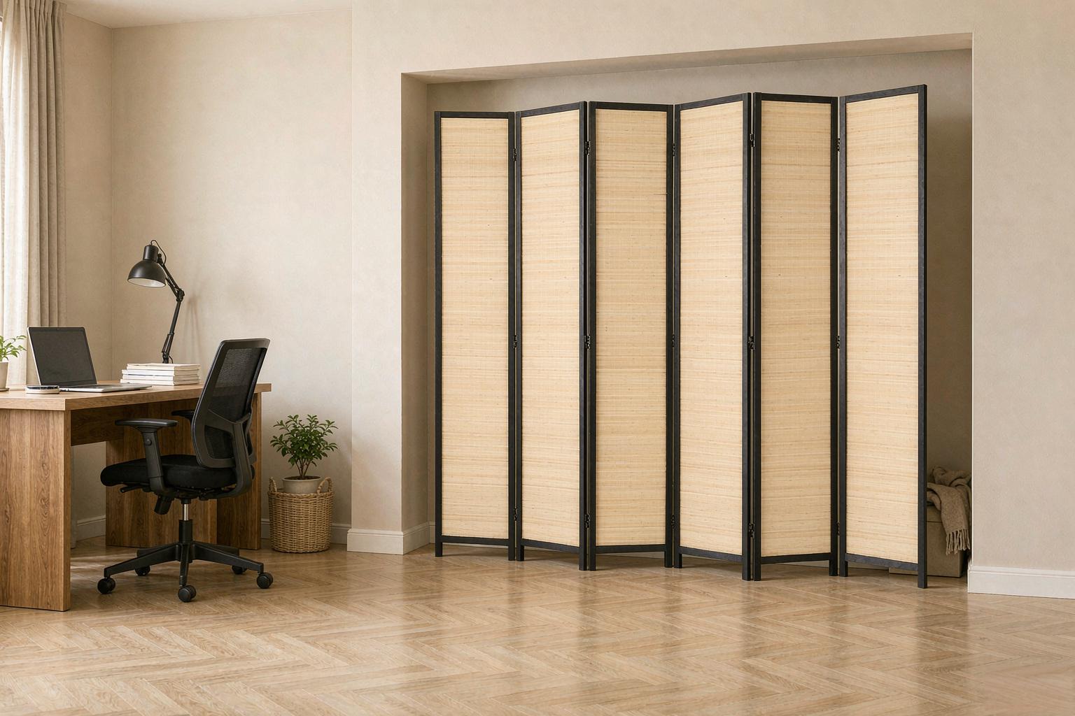 Dense bamboo weave screen separating a work from home desk corner from the rest of the room