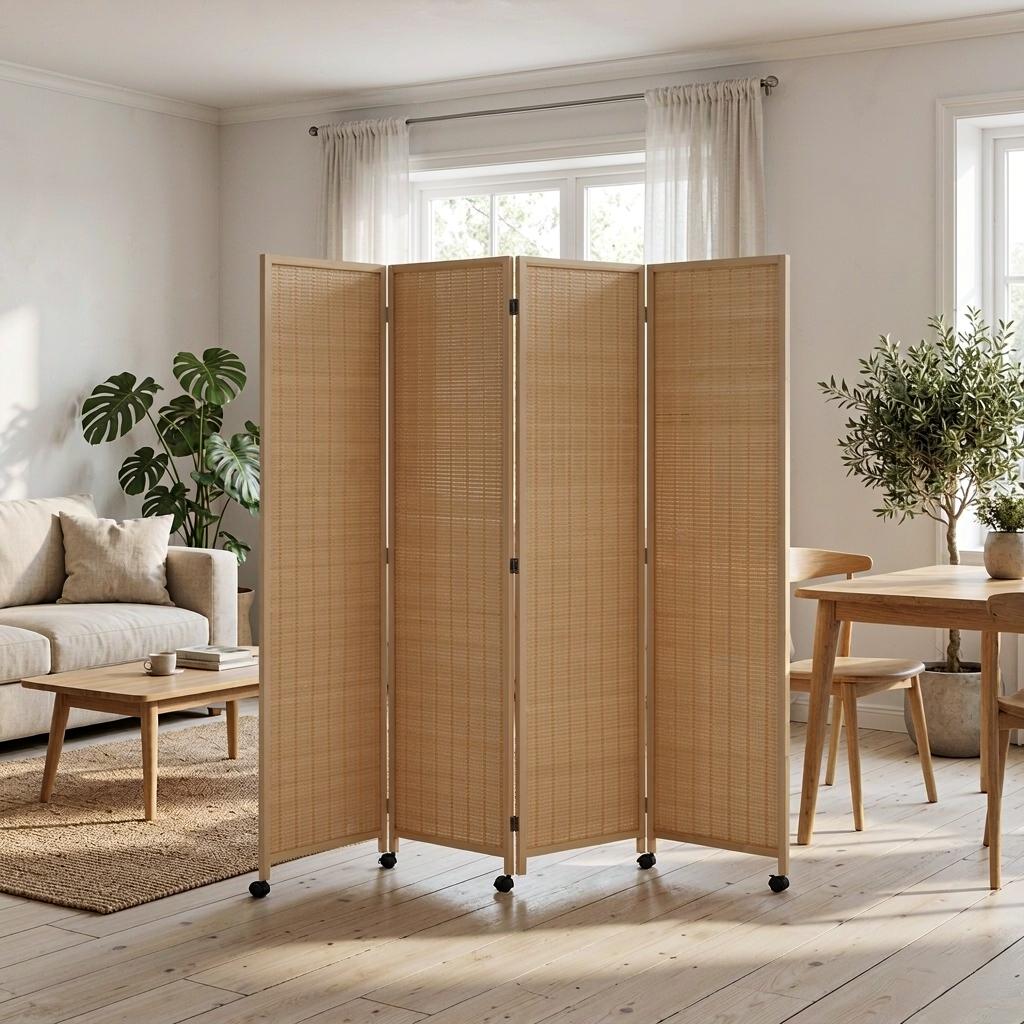 Natural bamboo woven folding screen room divider in modern living room interior