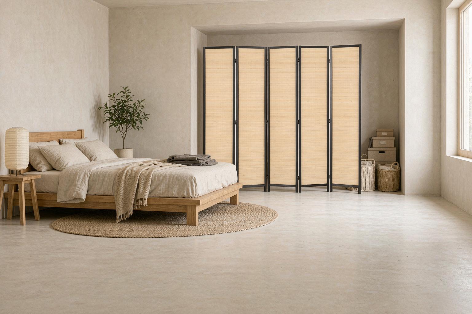 Black framed bamboo room divider panels closing off a bedroom alcove behind a low platform bed