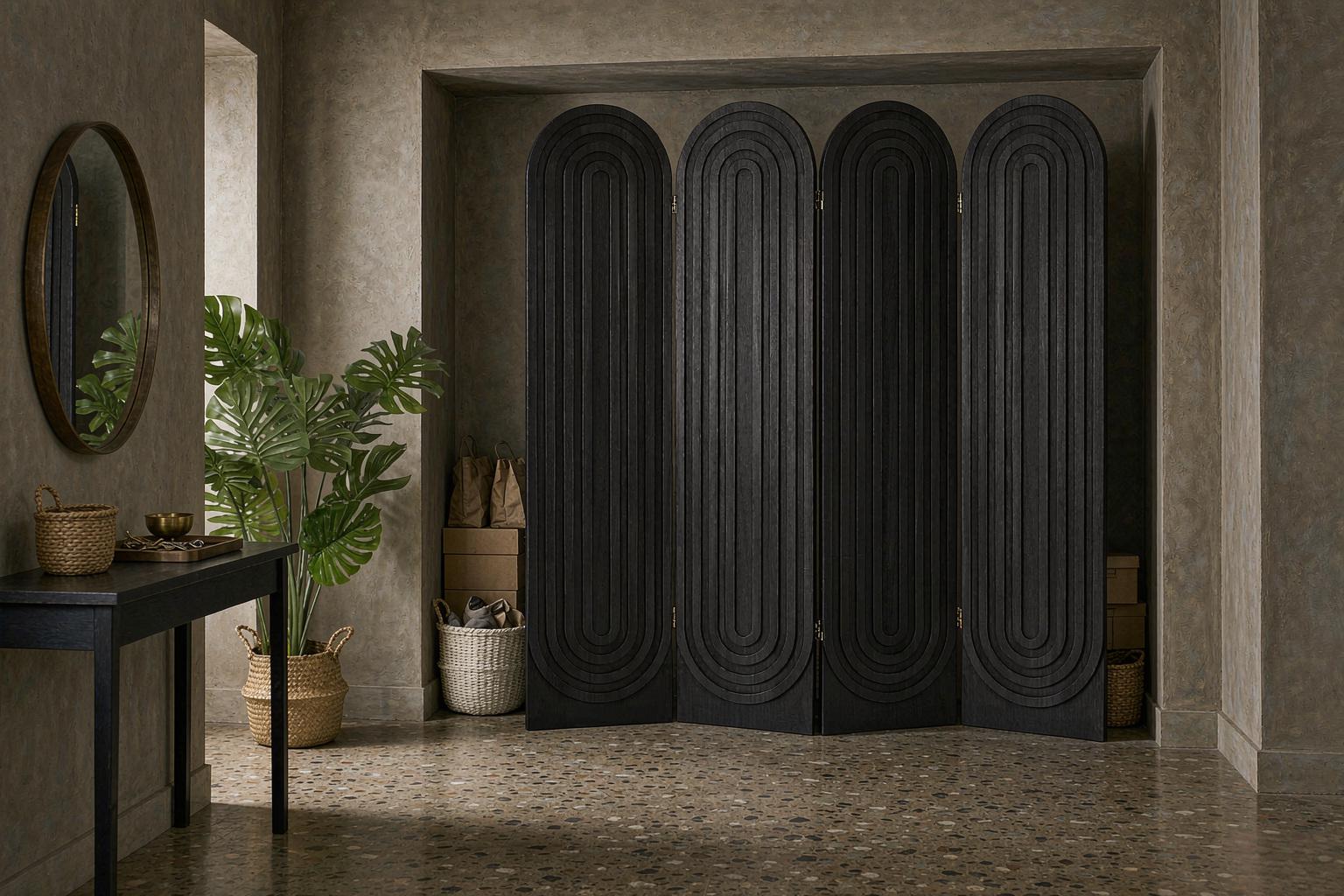 Carved arch panels screening an entryway storage niche beside a console and mirror