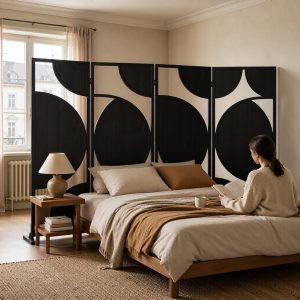 Circular pattern screen panels doubling as a headboard behind a bed in a warm minimalist bedroom