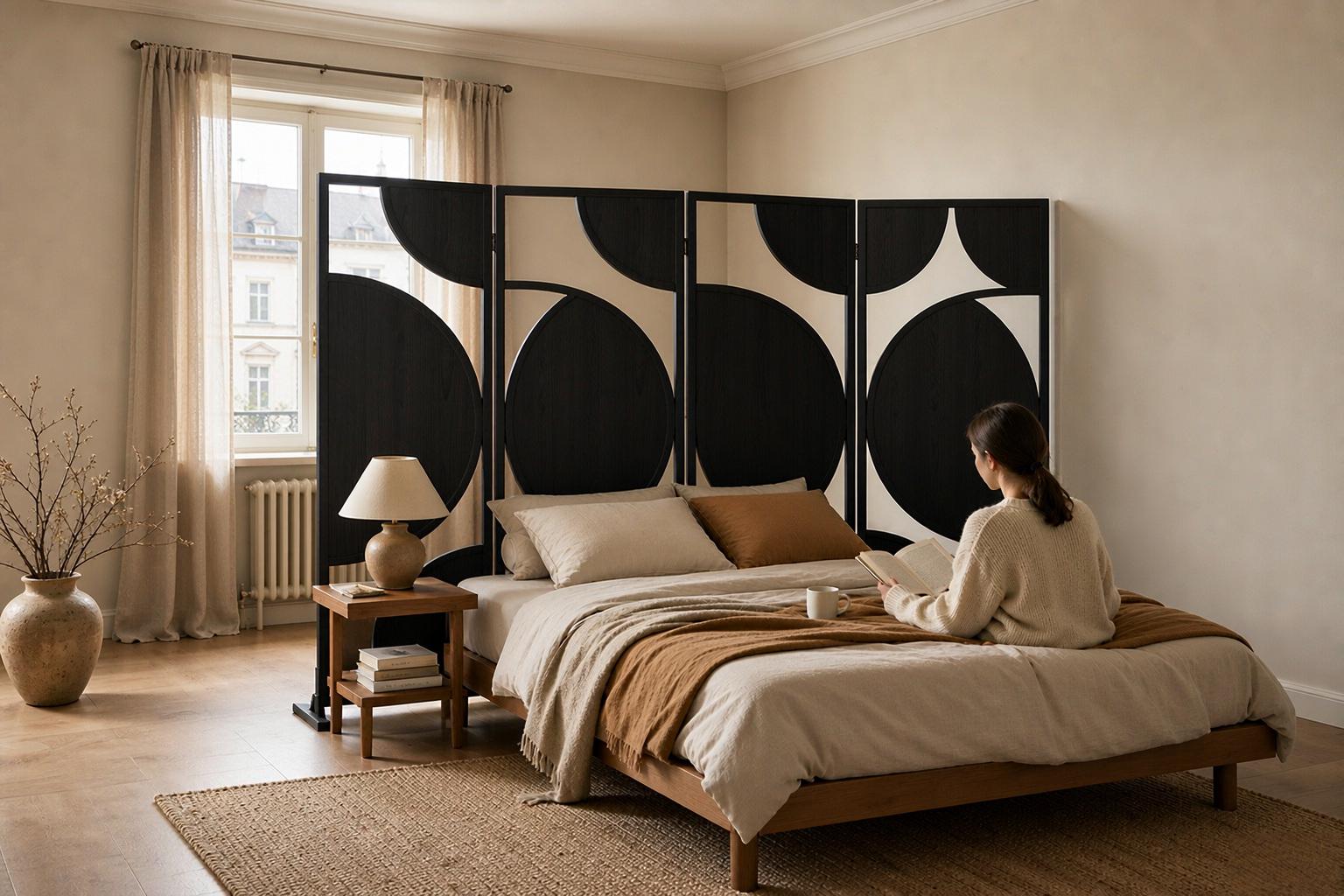 Circular pattern screen panels doubling as a headboard behind a bed in a warm minimalist bedroom