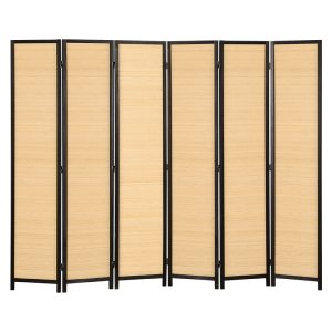 Natural bamboo weave screen in slim black lacquer frames on a plain white studio background