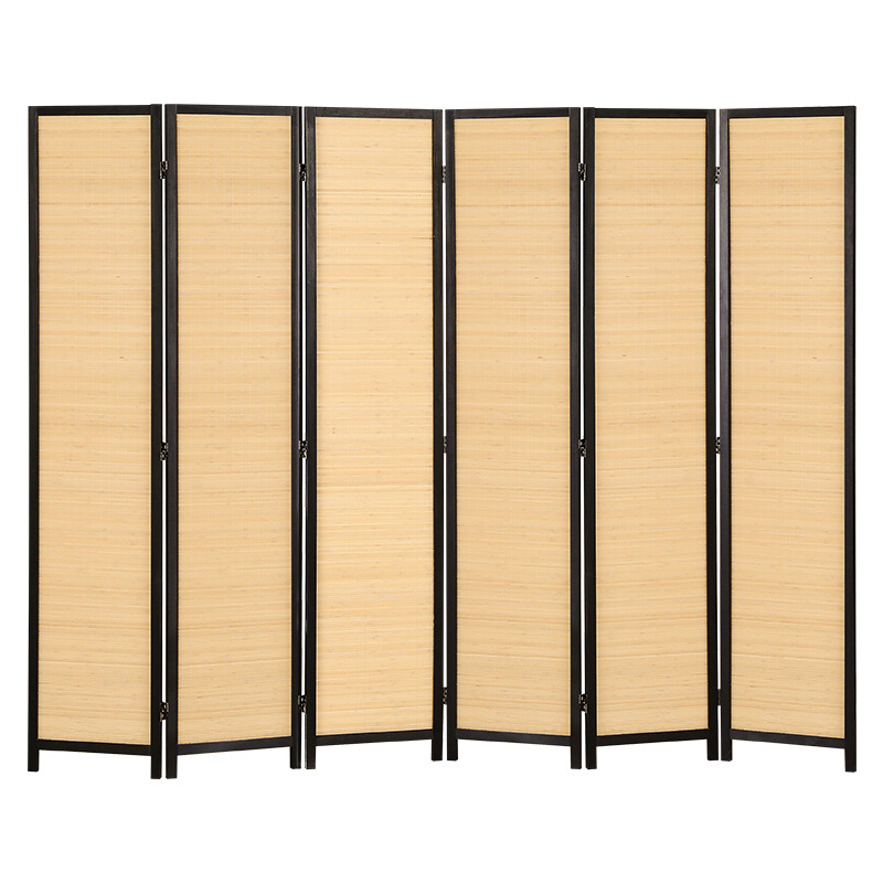 Natural bamboo weave screen in slim black lacquer frames on a plain white studio background