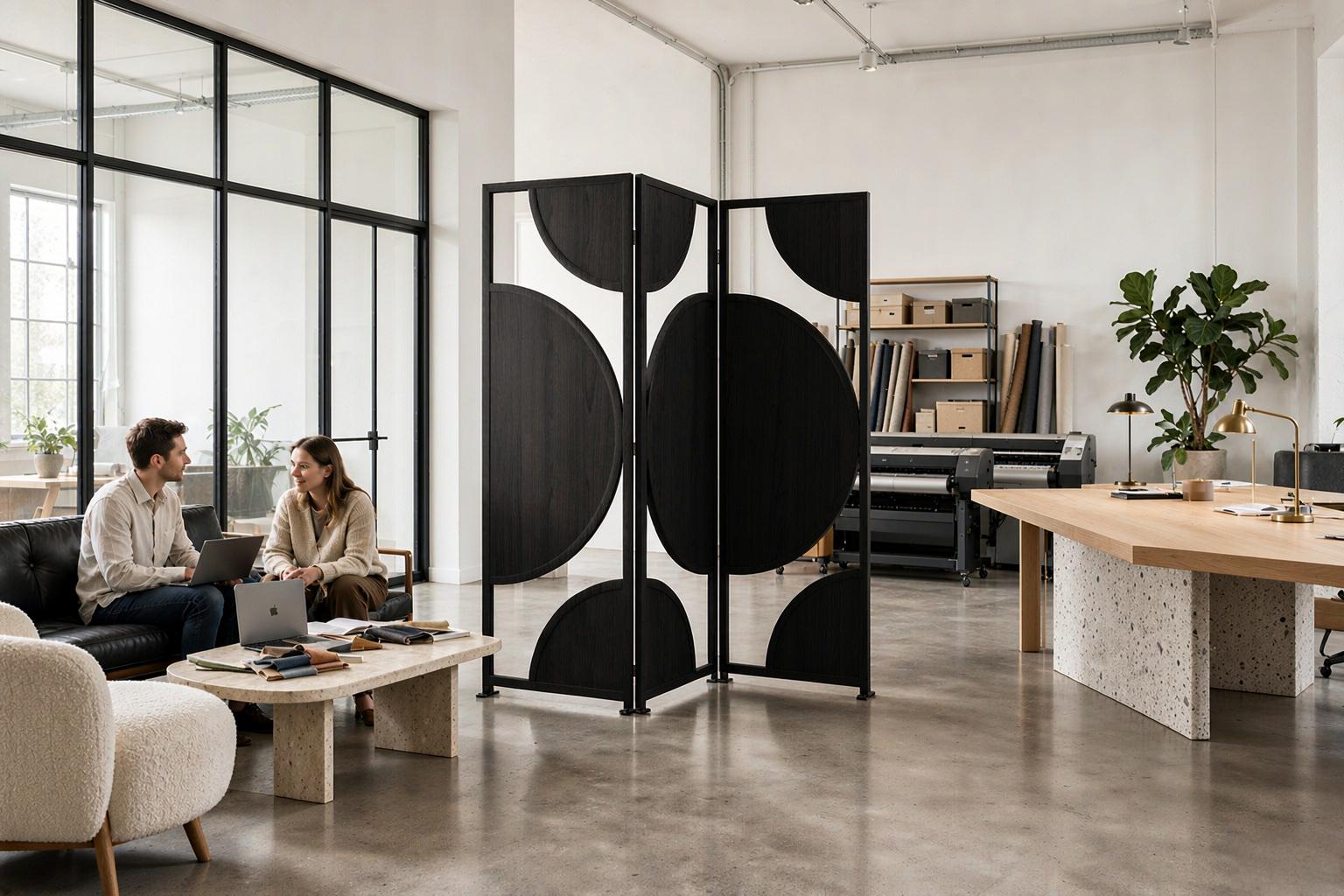 Bold circle and half circle inlays on matte black room divider panels in a bright design studio