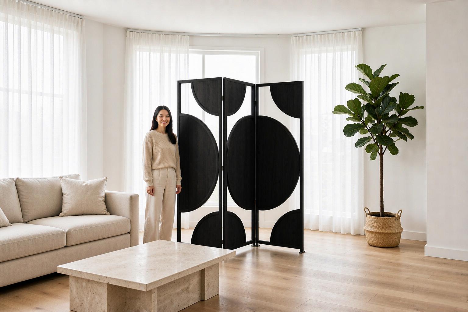 Circular wood inlays on black folding screen panels bringing sculptural character to a modern living room