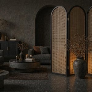 Arched cane screen glowing warmly against dark walls in an atmospheric living room