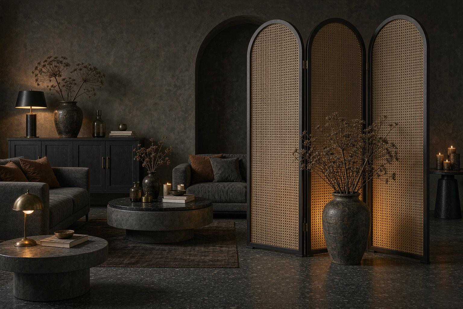 Arched cane screen glowing warmly against dark walls in an atmospheric living room