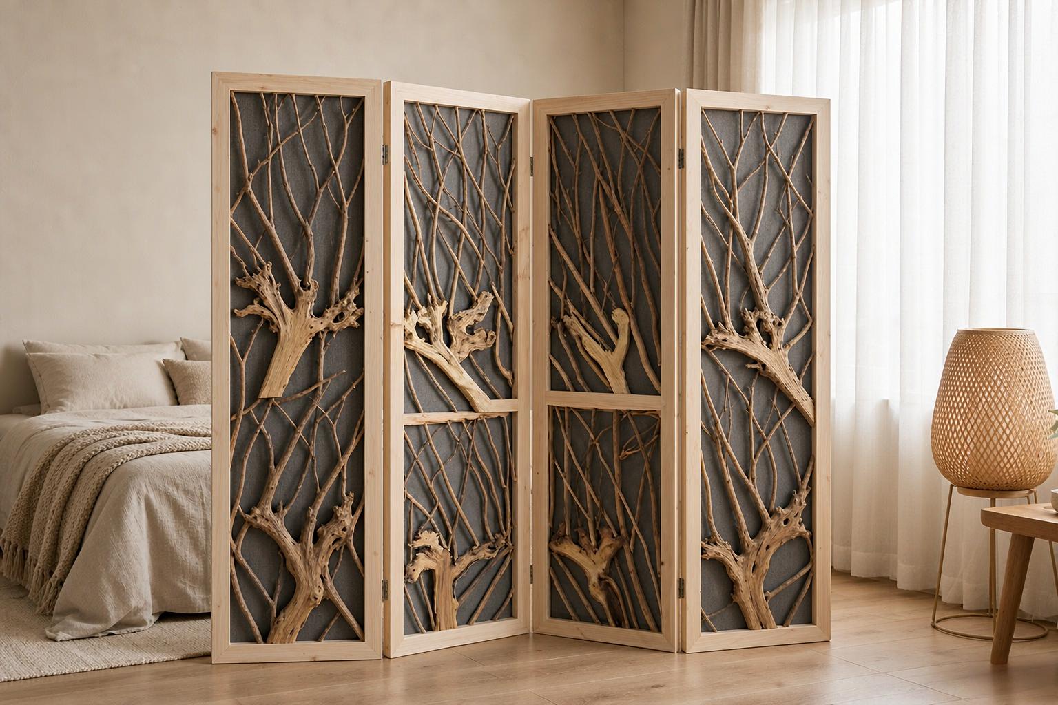 Real branches and root crowns laid over charcoal linen in a pale wood frame bedroom screen