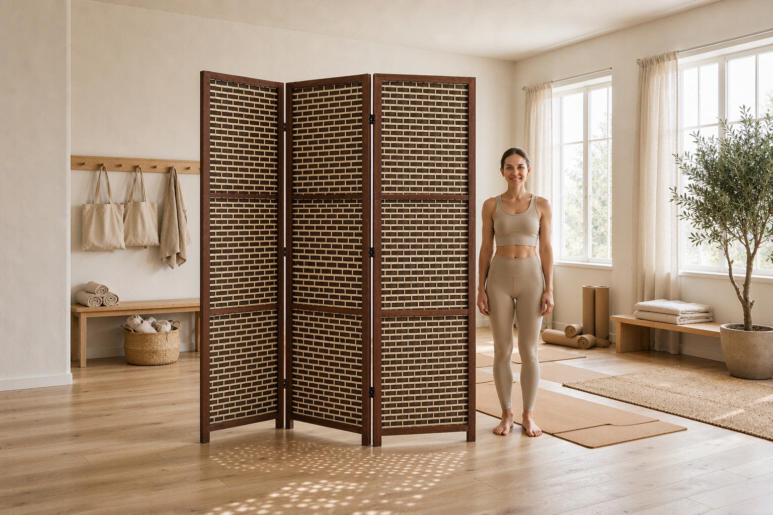 Open weave screen throwing a dotted light pattern across wooden floors in a bright yoga studio
