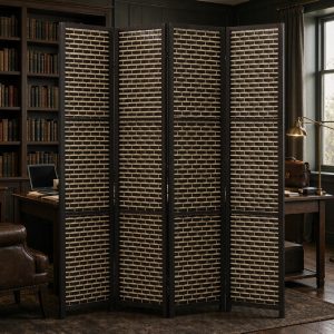 Espresso and cream brick bond weave screen against walnut shelving and brass lamps in a study