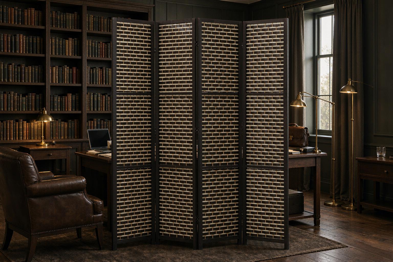 Espresso and cream brick bond weave screen against walnut shelving and brass lamps in a study