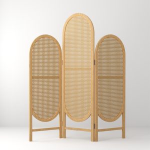 Hexagonal cane webbing screen in rounded oval frames in natural oak tone on a plain background