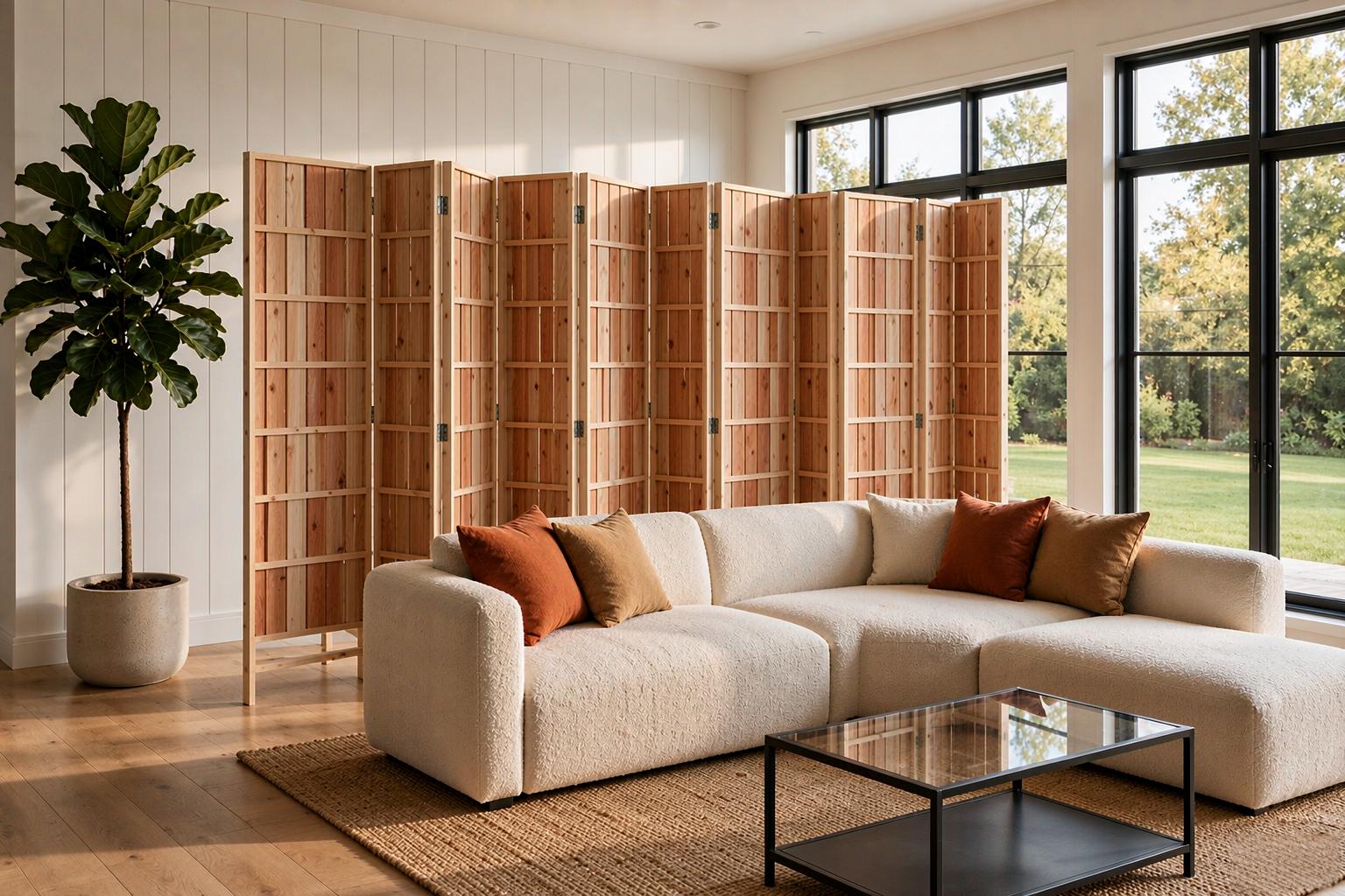 Slatted cedar privacy screen with eight foldable panels behind a boucle sofa in a farmhouse living room