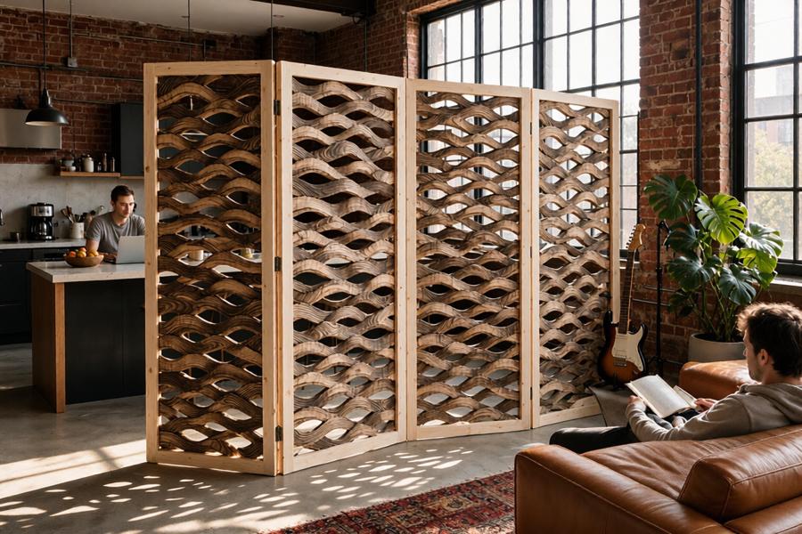Torched wave infill on a wooden room divider zoning a loft kitchen from the living area