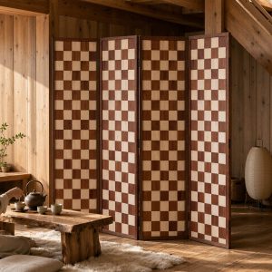 Alternating grain squares of a wood screen with a parquet sheen standing behind a low tea room table