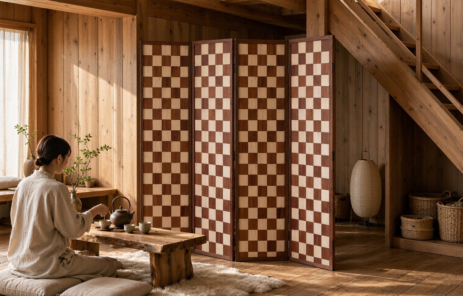 Alternating grain squares of a wood screen with a parquet sheen standing behind a low tea room table
