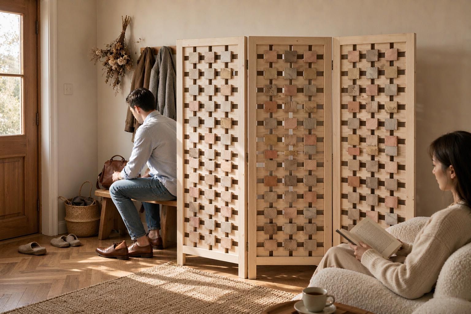 Blush and sand checkerblock mosaic screen squares separating a hallway bench from the lounge area