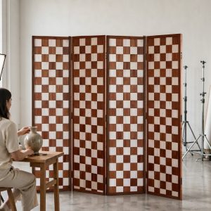 Two tone wood checker screen squares used as a photography backdrop on a studio floor setting