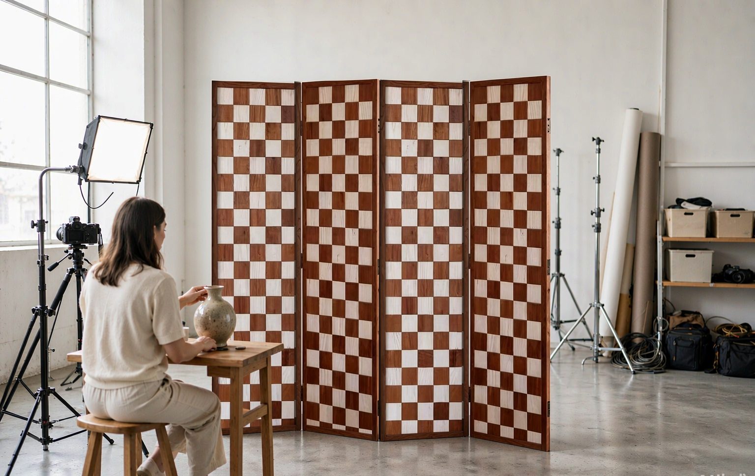 Two tone wood checker screen squares used as a photography backdrop on a studio floor setting