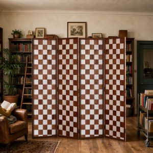 Walnut and bleached oak checker screen squares zoning a reading nook among tall library bookshelves