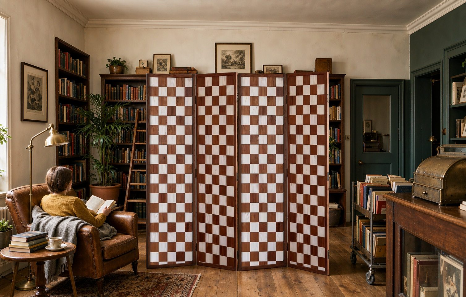Walnut and bleached oak checker screen squares zoning a reading nook among tall library bookshelves